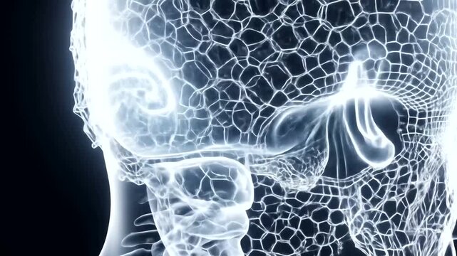 Futuristic translucent head displays intricate cellular network with glowing energy. - Powered by Adobe