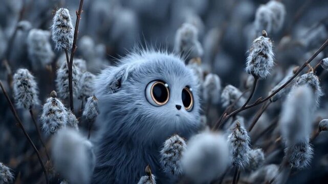 Adorable furry fantasy creature with big round eyes nestled in a whimsical field of soft pussy willow-like plants.