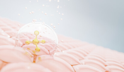 3D active serum droplet penetrating skin cells with golden molecule inside. Ideal for skincare, rejuvenation, and anti-aging visuals.