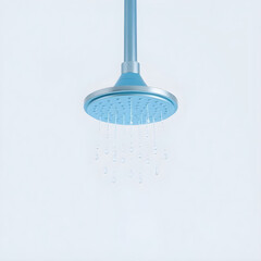 A serene blue showerhead is centrally placed on a pristine white background,