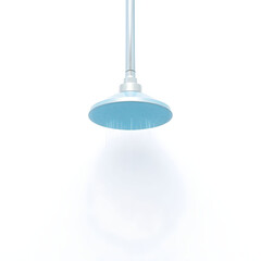A serene blue showerhead is centrally placed on a pristine white background,