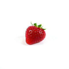 A plump, vibrant red strawberry with slight sheen and delicate green leaves on a clean and minimalist white background