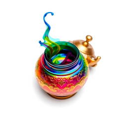 A vibrant multicolor ink pot sits gracefully on a pristine white background
