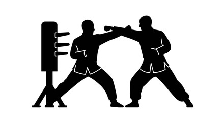 Martial arts training dynamic duo practicing kung fu techniques with wooden dummy silhouette isolated isolated on white background