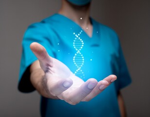 DNA helix hologram above scientist hand