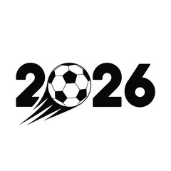 Soccer ball flying with speed lines next to the year 2026