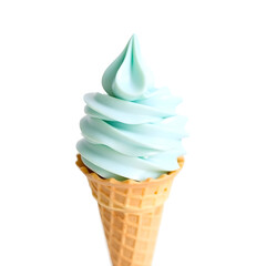 A delicate, swirled blue pistachio ice cream fills a crisp, golden-brown waffle cone, set against a pristine white background
