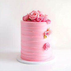 A delicate, multi-tiered pink cake with smooth, velvety frosting and intricate sugar flower decorations