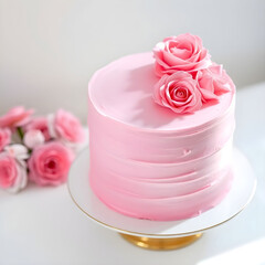 A delicate, multi-tiered pink cake with smooth, velvety frosting and intricate sugar flower decorations