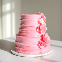 A delicate, multi-tiered pink cake with smooth, velvety frosting and intricate sugar flower decorations