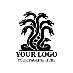 Hydra Logo Vector – Minimalist Black Silhouette of Multi-Headed Mythical Serpent, Flat 2D Symbol for Power, Strategy, and Regeneration Branding Concepts.