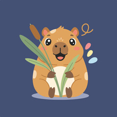 A cartoon capybara sits smiling, holding cattails, with a blue background and colorful dots adding to its playful charm.