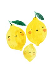 Watercolor summer fruits cute cartoon character. Hand drawn print in modern style. © NadezdaBarkova