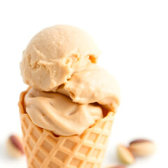 A creamy brown pistachio ice-cream in a crisp waffle cone, placed on a clean and minimalist white background