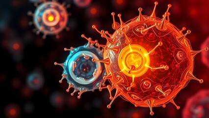 A detailed microscopic view of various pathogenic virus cells, a 3D rendering illustrating virology and infectious diseases