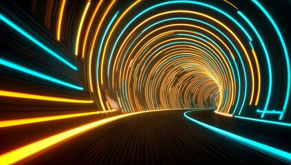 Vibrant illuminated tunnel with glowing orange and teal neon light streaks creating a futuristic and energetic pathway