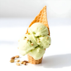 A Apple pistachio ice-cream in cone on white background