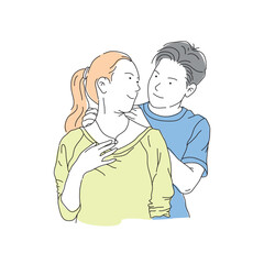 Illustration of a young man surprising his girlfriend with a necklace. A romantic and charming newlywed couple spending time together celebrating their anniversary and Valentine's Day.