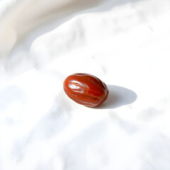 A solitary, plump, and vibrant Date fruit with a smooth brown skin and a subtle sheen, placed gently on a crisp, linen white background