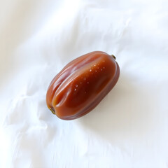 A solitary, plump, and vibrant Date fruit with a smooth brown skin and a subtle sheen, placed gently on a crisp, linen white background