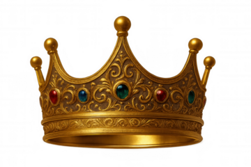 Golden royal crown with ornate design and colorful jewels, symbolizing monarchy, power, and prestige on a transparent background