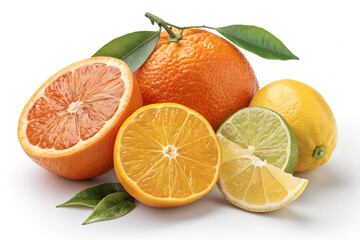 Assorted Citrus Fruit Display: Grapefruit, Orange, Lemon & Lime Cross-Sections with Leaves