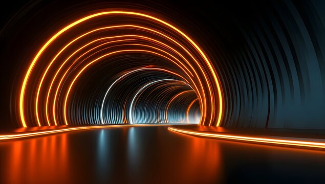Illuminated futuristic tunnel with glowing orange arches and reflections on wet surface