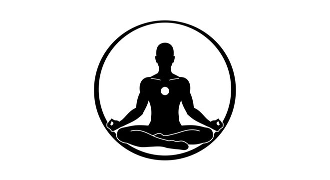 Meditating silhouette figure in circle radiating light representing inner peace spirituality and wellness concepts isolated on white background