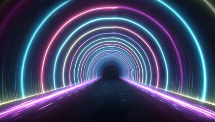 Vibrant neon light tunnel with glowing circular arches creating a futuristic and energetic pathway into the distance