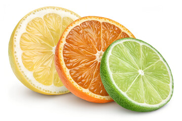 Lemon, Orange, and Lime Citrus Slices on White Background
