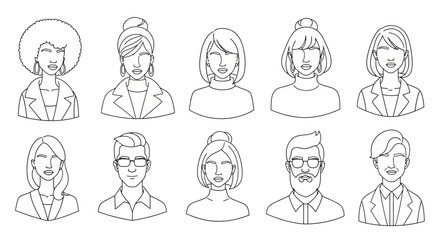 Diverse Line Art People Vector Portraits of Professionals and Creatives