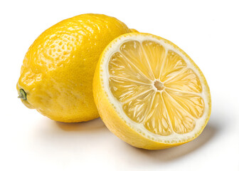 Fresh Whole and Halved Lemon with Juicy Pulp on White Background
