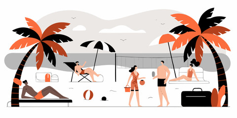 Beach Volleyball Game Illustration: People Playing on Sandy Shore with Palm Trees and Beach Umbrella, Summer Vector Scene