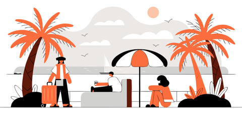 Relaxing Seaside Scene: People Enjoying Beach View with Palm Trees and Sailboat, Summer Vacation Illustration Vector