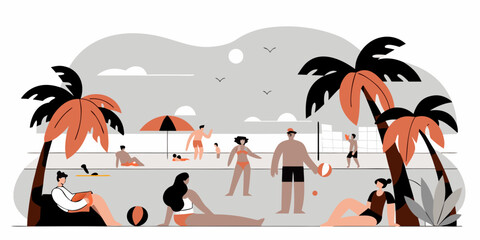 Vibrant Beach Scene with People Playing Volleyball Sunbathing Reading and Relaxing Under Palm Trees Flat Vector Illustration People Enjoying Summer Vacation at Seaside Beach Holiday