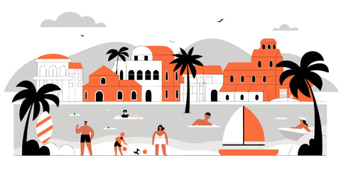 Lively Beach Town with People Swimming Playing and Relaxing by Seaside Flat Vector Illustration Sunny Coastal Setting with Buildings and Boats