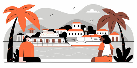 Peaceful Waterside Scene with Two Women Sitting Admiring Boats and Buildings Flat Vector Illustration Serene Coastal View with Boat Houses and Buildings