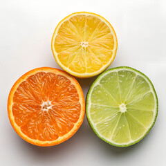 Colorful Citrus Trio – Orange, Lemon, and Lime Slices on White Background
