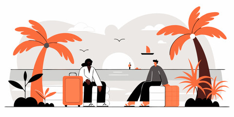 Couple on Beach with Luggage Enjoying Sunset Flat Vector Illustration Travel and Vacation Getaway Under Palm Trees Serene Coastal Landscape