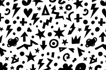 Whimsical hand drawn doodle icons pattern with stars hearts lightning bolts and arrows on white vector