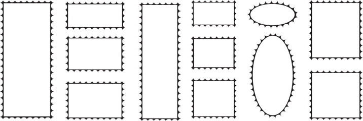 Postage stamp collection, mockup postage stamps. blank postage stamps. border. and. frame. rectangle and square set. rectangle shape frame with zigzag edge