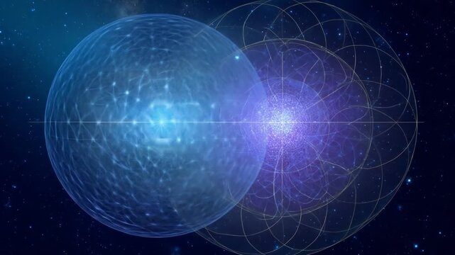 Abstract quantum spheres with geometric patterns, blue and purple glowing orbs interacting in deep space illustration