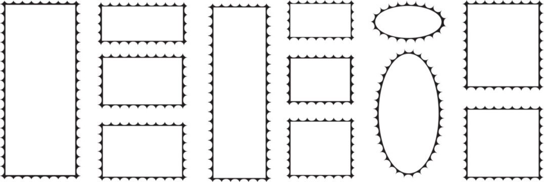 Postage stamp collection, mockup postage stamps. blank postage stamps. border. and. frame. rectangle and square set. rectangle shape frame with zigzag edge
