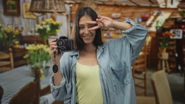 Young hispanic woman holding dslr camera with lens cap dangling flashing peace sign in rustic restaurant interior; joy candid casual moment.