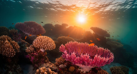 Vibrant coral reef teeming with small fish under the warm glow of a golden sunset, a breathtaking underwater seascape full of marine life