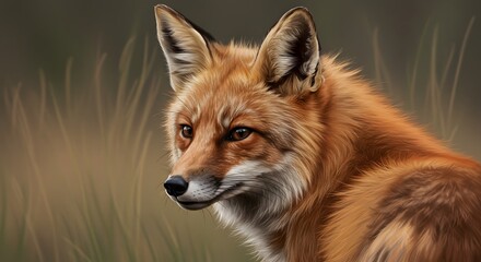 A fox is visible facing left in a grassy area The artwork shows fine detail