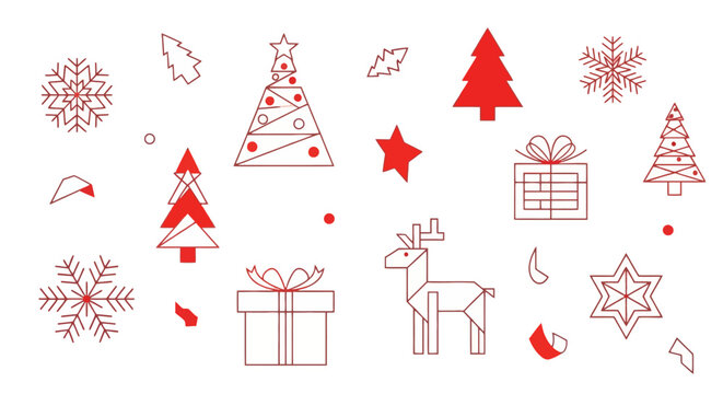 Festive red Christmas icons set with snowflakes, trees, deer, and gifts for holiday decorations and design elements
