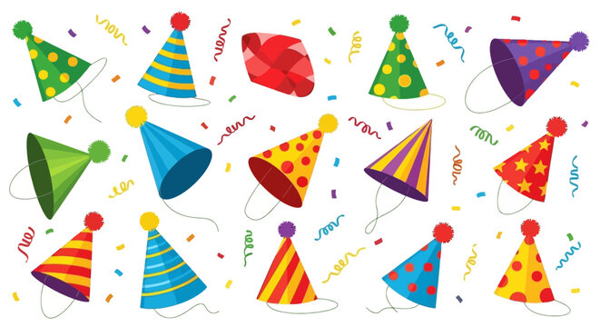 A vibrant collection of colorful party hats scattered amidst festive confetti, perfect for celebrating any joyous occasion or birthday