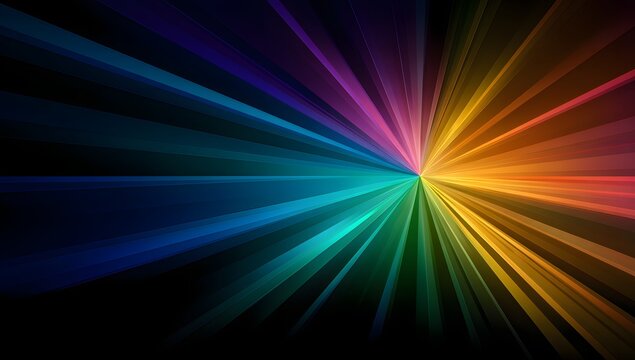 Vibrant spectrum of light beams radiating outwards from a central point creating a dazzling abstract display of colors against a dark background