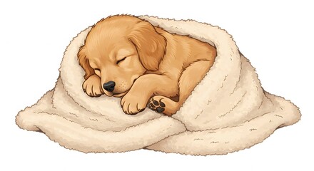 A golden retriever puppy sleeps wrapped in a fluffy creamcolored blanket